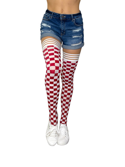 Crimson/Maroon & White Thigh-Highs